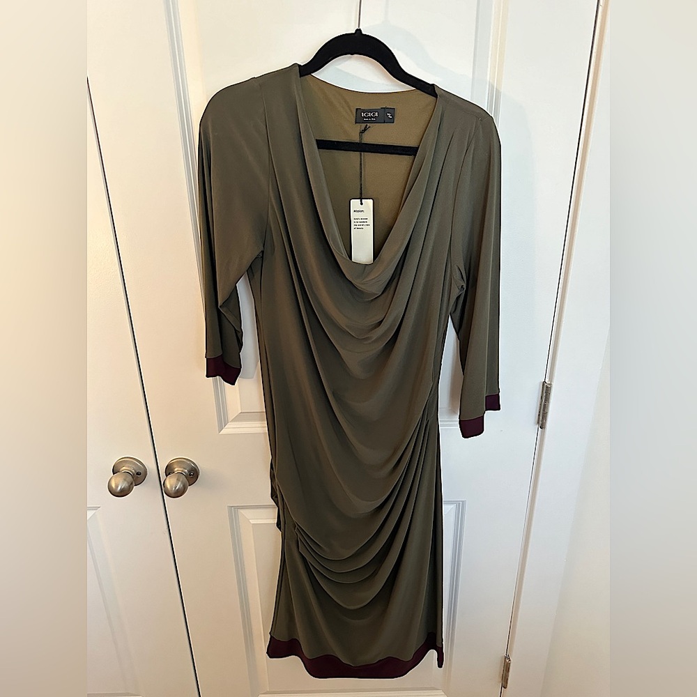 Olive green and burgundy trim IGIGI Dress NWT
